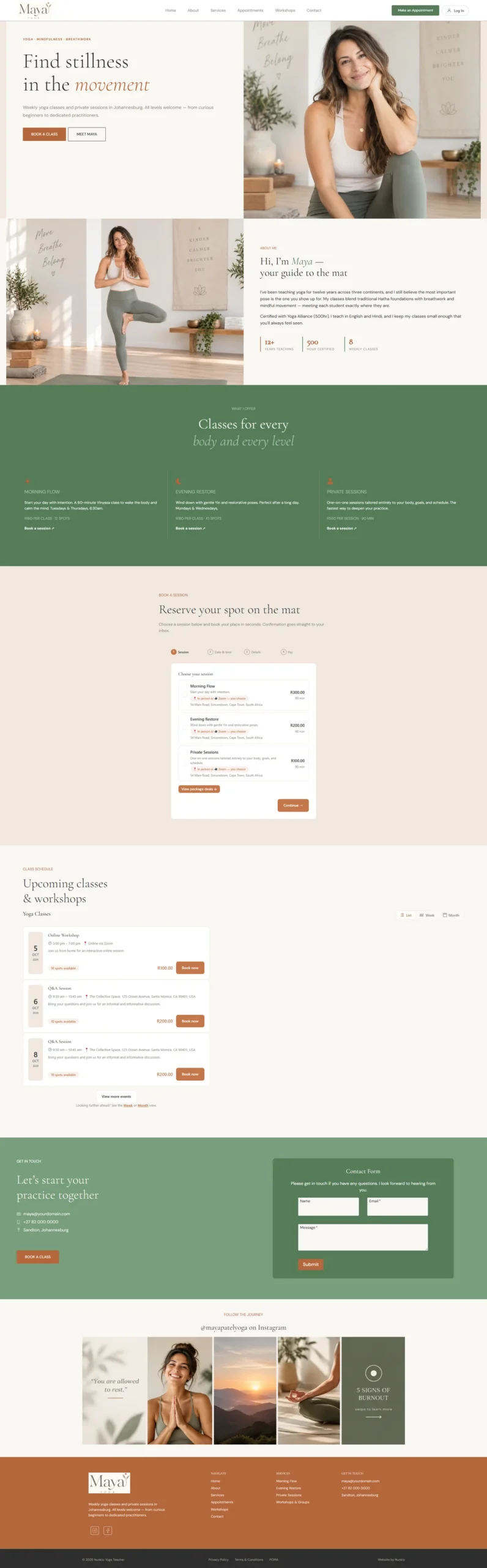 Yoga Teacher website template with online booking