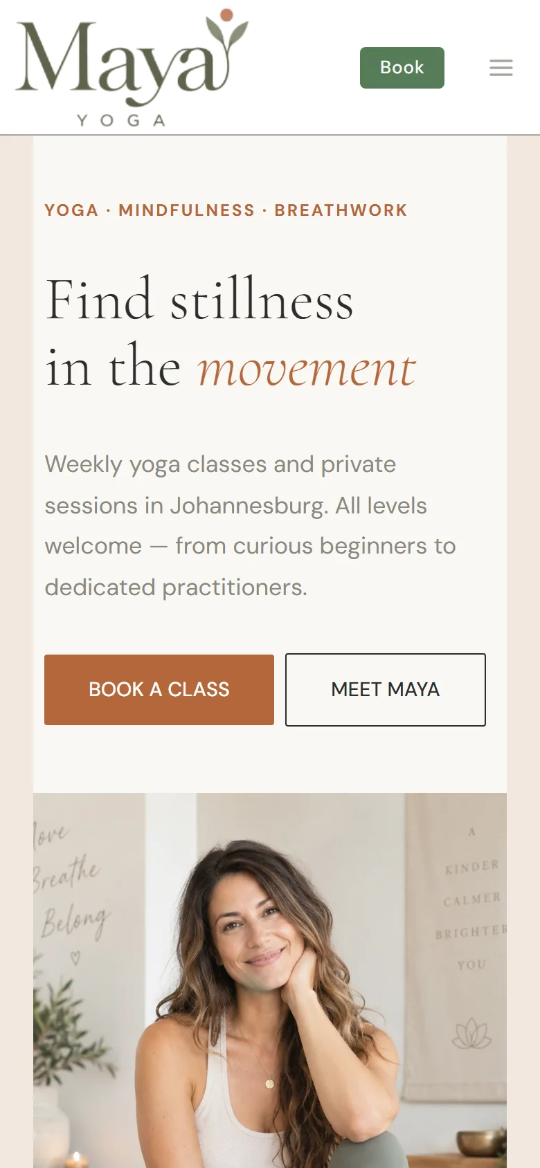 Yoga Teacher booking website on a mobile phone